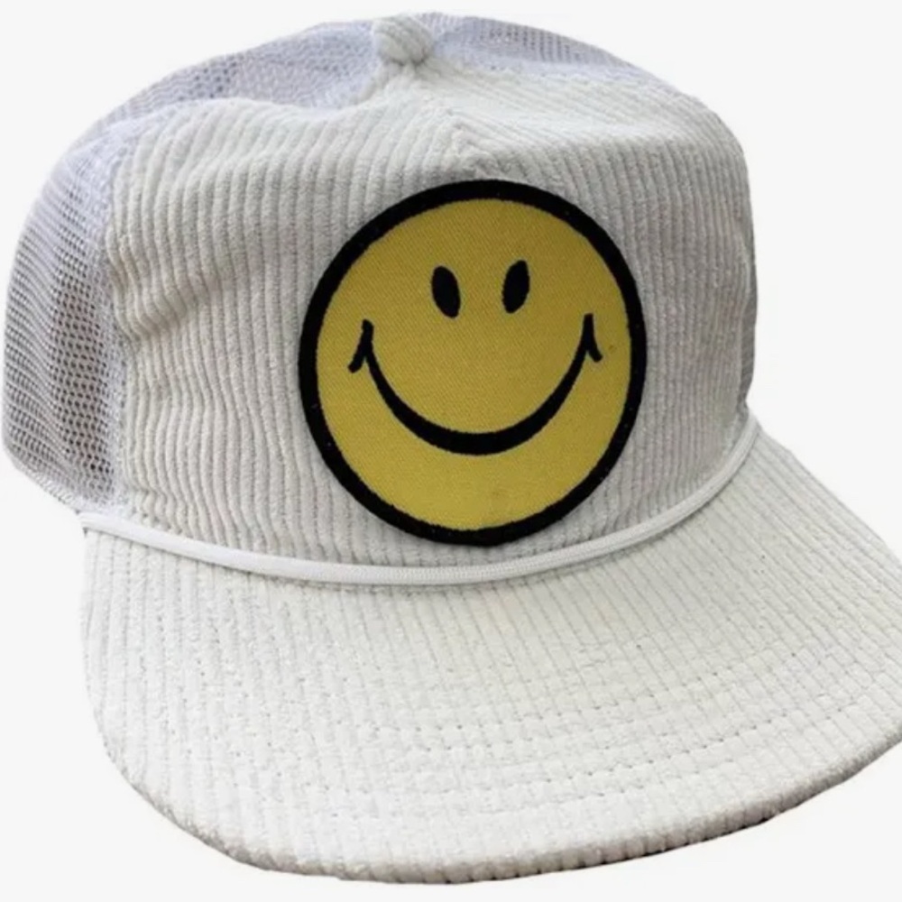 Aviator Nation White Corduroy Hat with Yellow Smiley